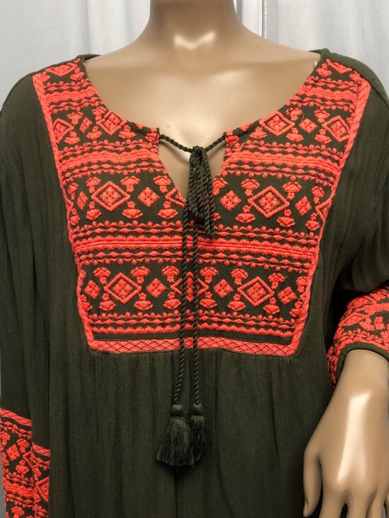 ANA Olive Green Embroidered Tunic Dress Womens Size XL Embroidered Tassel NEW - Picture 2 of 8